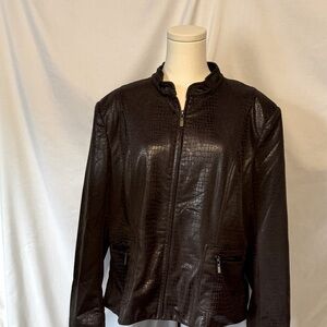 (XL) BROWN faux-Leather Jacket with Standing Collar and Zip-Up Style